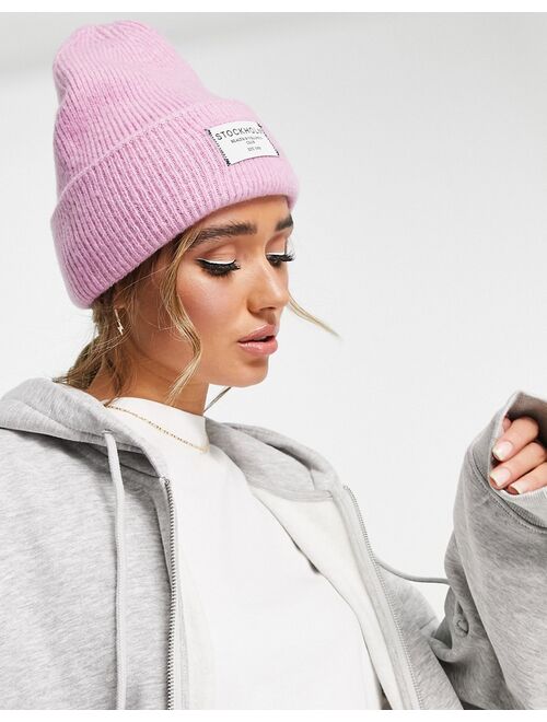 ASOS DESIGN label beanie in pink