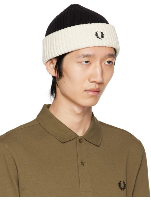 Fred Perry Black & Off-White Short Ribbed Beanie