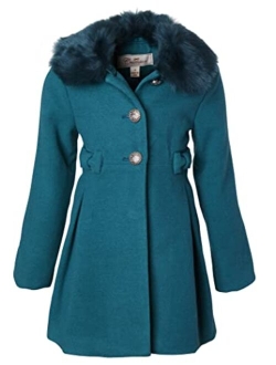 Cremson Girl Wool Look Winter Princess Bow Dress Pea Coat Jacket Faux Fur Collar