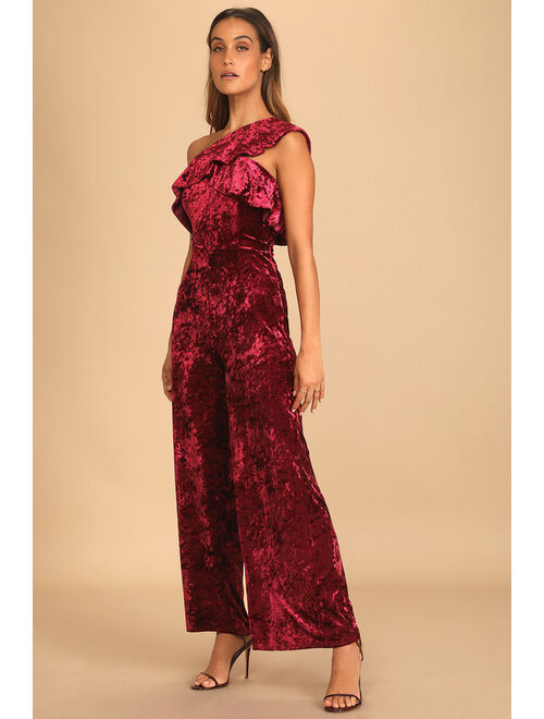 Lulus Certified Icon Burgundy Crushed Velvet One-Shoulder Jumpsuit