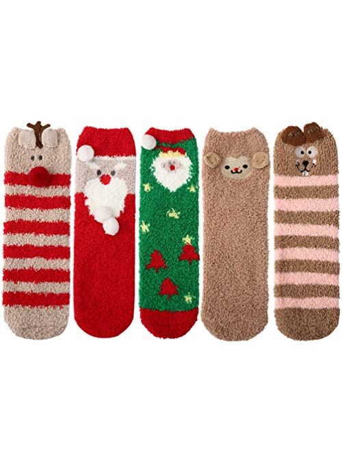 Oopor Slipper Ankle Socks Fuzzy Fluffy - 5 Pack Winter Warm Soft Cozy Fleece Plush Thick Funny Stocking Crew Sock Women Girls