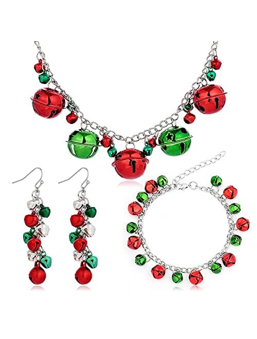 HUASAI Christmas Jingle Bell Earrings Neckalce Bracelet Set for Women Cute Red Green Tinkle Bell Earrings for Teen Girls Xmas Jewelry Set Holiday Dangle Earrings Christma