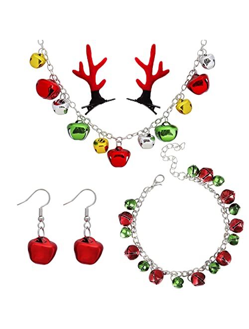 HUASAI Christmas Jingle Bell Earrings Neckalce Bracelet Set for Women Cute Red Green Tinkle Bell Earrings for Teen Girls Xmas Jewelry Set Holiday Dangle Earrings Christma