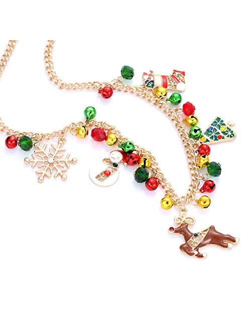 CEALXHENY Christmas Bell Necklaces X-Mas Tree Snowman Snowflake Pendant Necklaces Statement Chunky Chain Necklace for Women Girls Holiday