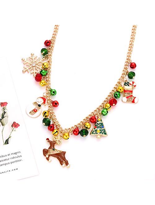 CEALXHENY Christmas Bell Necklaces X-Mas Tree Snowman Snowflake Pendant Necklaces Statement Chunky Chain Necklace for Women Girls Holiday