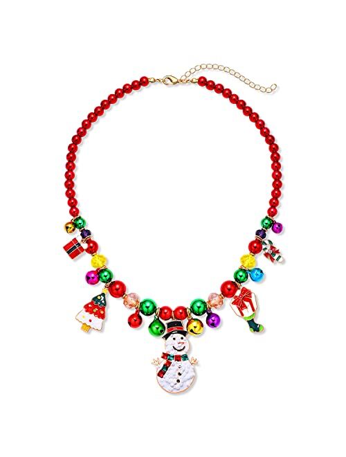 Heidkrueger Christmas Necklace Jingle Bell Beaded Ball Necklace Snowman Santa Claus Hat Christmas Tree Gift Stocking Pendant Beaded Chain Necklace Holiday Party Jewelry f