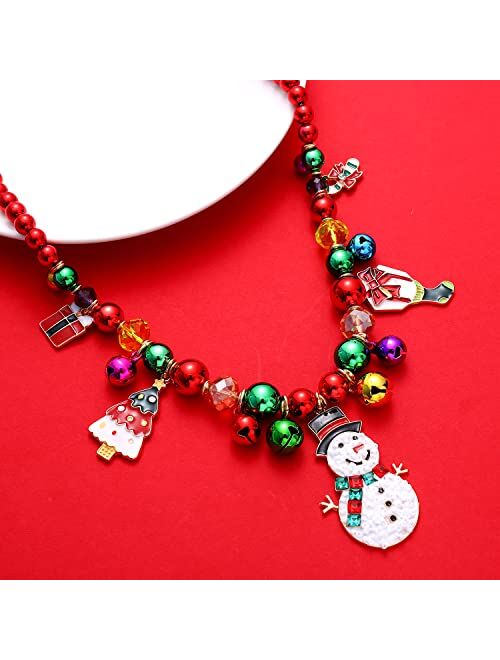 Heidkrueger Christmas Necklace Jingle Bell Beaded Ball Necklace Snowman Santa Claus Hat Christmas Tree Gift Stocking Pendant Beaded Chain Necklace Holiday Party Jewelry f