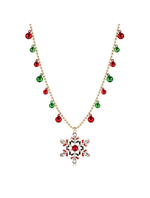 Isaloe Christmas Snowflake Necklace Holiday Rhinestone Snowflake Pendant Long Necklace Ball Chain Jingle Bell Necklaces Festive Party Gift for Women Girls