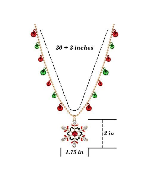 Isaloe Christmas Snowflake Necklace Holiday Rhinestone Snowflake Pendant Long Necklace Ball Chain Jingle Bell Necklaces Festive Party Gift for Women Girls