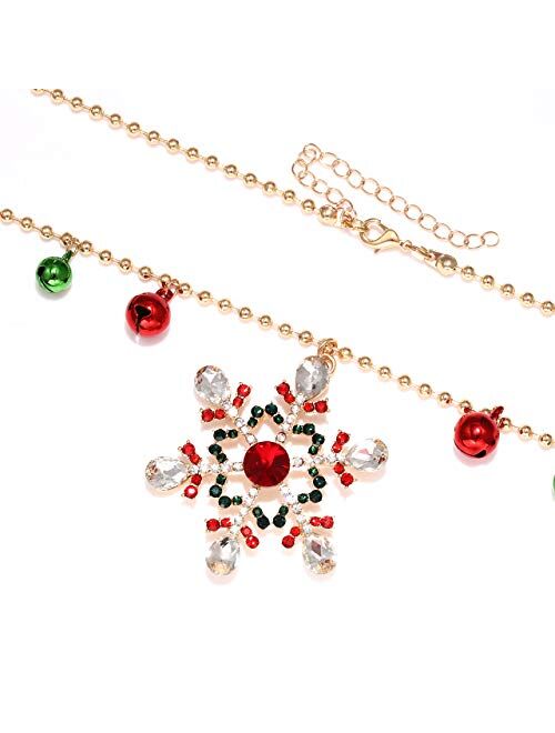 Isaloe Christmas Snowflake Necklace Holiday Rhinestone Snowflake Pendant Long Necklace Ball Chain Jingle Bell Necklaces Festive Party Gift for Women Girls