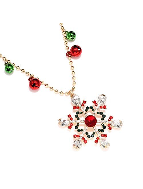 Isaloe Christmas Snowflake Necklace Holiday Rhinestone Snowflake Pendant Long Necklace Ball Chain Jingle Bell Necklaces Festive Party Gift for Women Girls