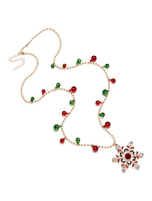 Isaloe Christmas Snowflake Necklace Holiday Rhinestone Snowflake Pendant Long Necklace Ball Chain Jingle Bell Necklaces Festive Party Gift for Women Girls