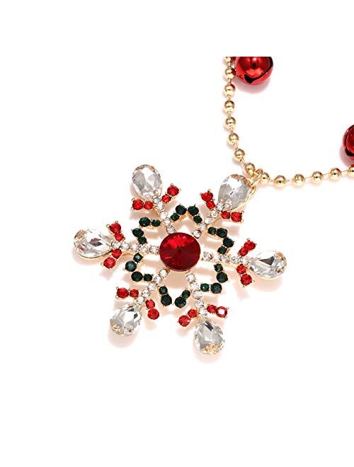 Isaloe Christmas Snowflake Necklace Holiday Rhinestone Snowflake Pendant Long Necklace Ball Chain Jingle Bell Necklaces Festive Party Gift for Women Girls