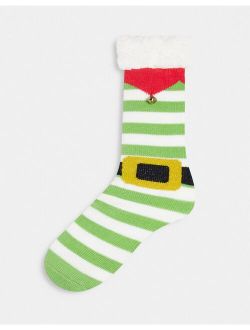 slipper socks in green and white stripe with Christmas detail