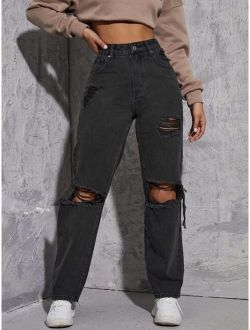 High Waist Ripped Straight Leg Jeans