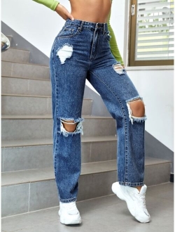 High Waist Ripped Straight Leg Jeans