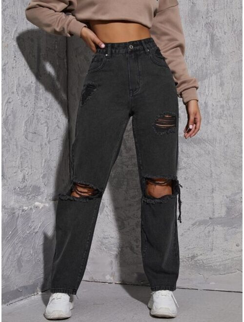 Shein High Waist Ripped Straight Leg Jeans