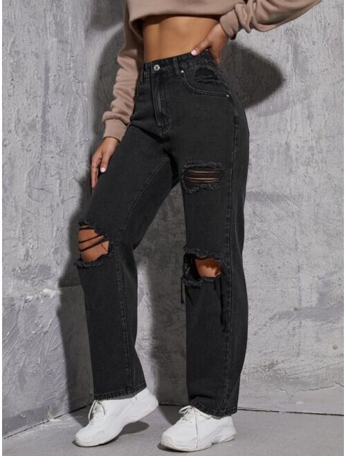 Shein High Waist Ripped Straight Leg Jeans