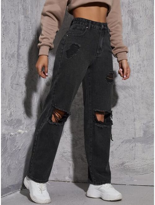 Shein High Waist Ripped Straight Leg Jeans