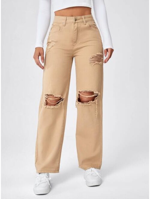 Shein High Waist Ripped Straight Leg Jeans