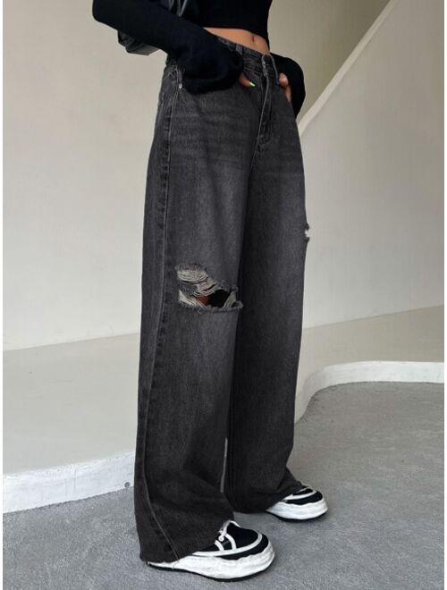 DAZY Ripped Raw Trim Moustache Effect Wide Leg Jeans