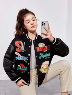 Teen Girls Press Buttoned Letter Graphic Thermal Varsity Jacket