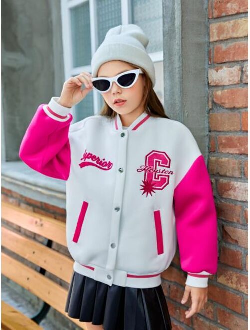 SHEIN Girls Letter Graphic Two Tone Drop Shoulder Varsity Jacket