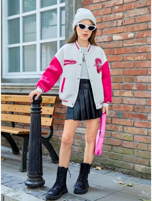 SHEIN Girls Letter Graphic Two Tone Drop Shoulder Varsity Jacket