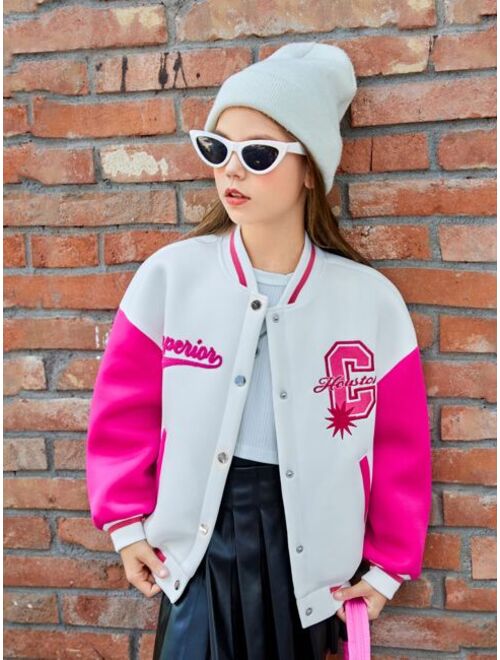 SHEIN Girls Letter Graphic Two Tone Drop Shoulder Varsity Jacket