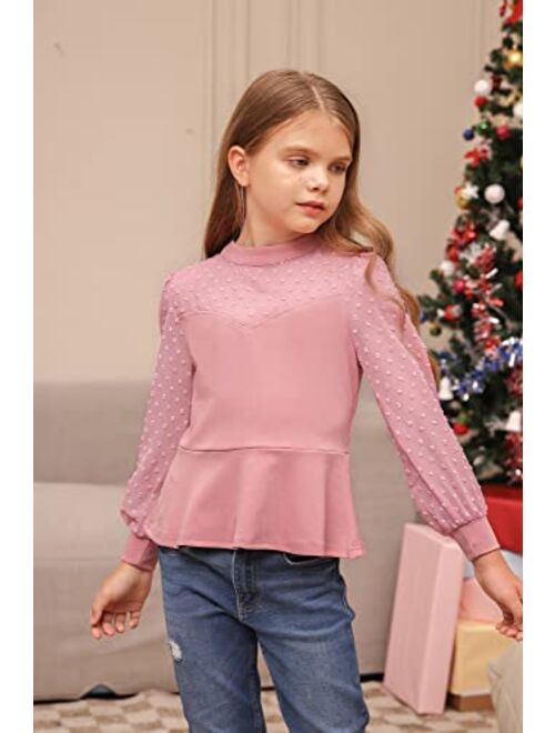 GRACE KARIN Girls Mesh Top Long Sleeve Mock Neck Casual Peplum Blouse for Girls