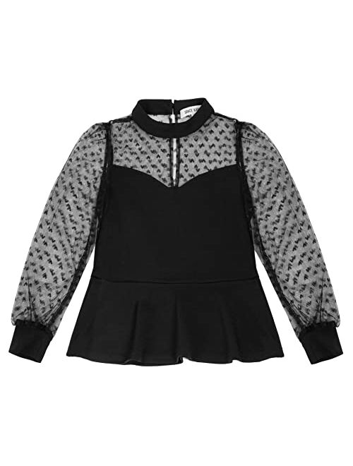 GRACE KARIN Girls Mesh Top Long Sleeve Mock Neck Casual Peplum Blouse for Girls