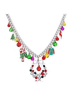 NLCAC Christmas Jingle Bell Necklace Women Statement Chunky Crystal Teardrop Pendant Necklace Xmas Gift Jewelry Girls