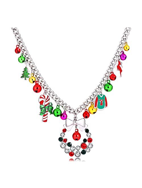 NLCAC Christmas Jingle Bell Necklace Women Statement Chunky Crystal Teardrop Pendant Necklace Xmas Gift Jewelry Girls