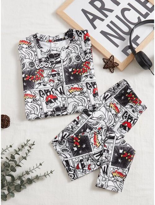 SHEIN Boys Pop Art Print Tee & Pants Snug Fit PJ Set