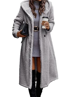 Women's 2022 Winter Coats Fuzzy Fleece Long Hooded Jackets Button Down Faux Fur Warm Outwear with Pockets