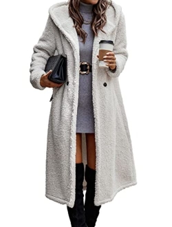 Women's 2022 Winter Coats Fuzzy Fleece Long Hooded Jackets Button Down Faux Fur Warm Outwear with Pockets