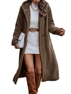 Women's 2022 Winter Coats Fuzzy Fleece Long Hooded Jackets Button Down Faux Fur Warm Outwear with Pockets