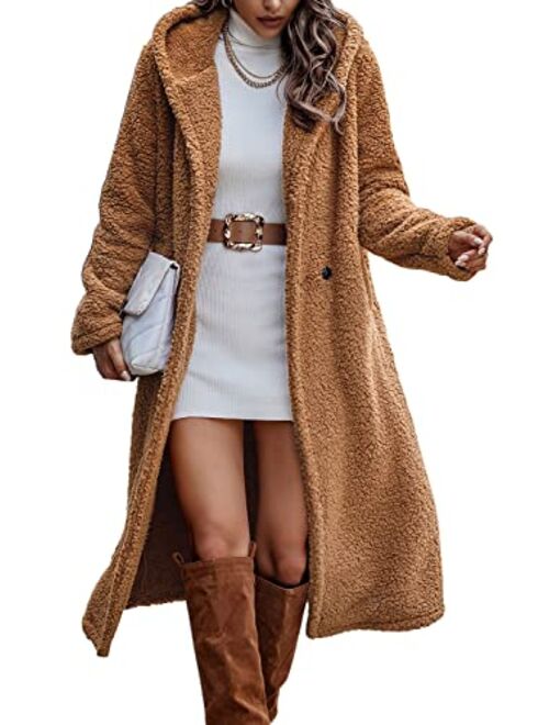 PRETTYGARDEN Women's 2022 Winter Coats Fuzzy Fleece Long Hooded Jackets Button Down Faux Fur Warm Outwear with Pockets