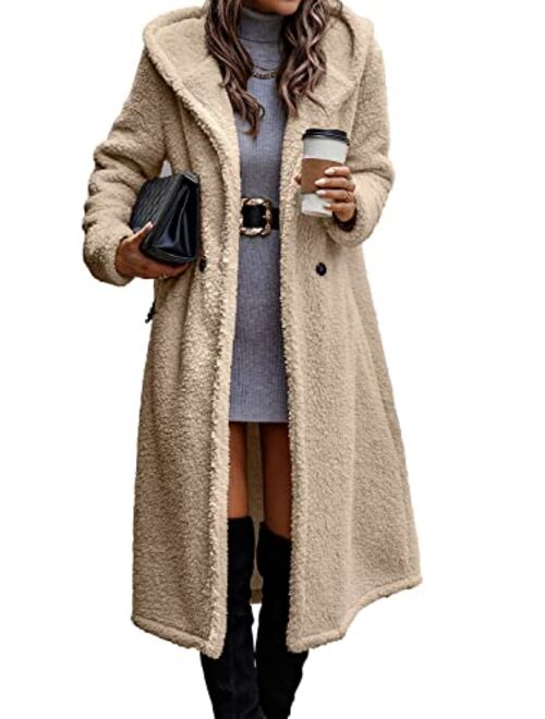 PRETTYGARDEN Women's 2022 Winter Coats Fuzzy Fleece Long Hooded Jackets Button Down Faux Fur Warm Outwear with Pockets