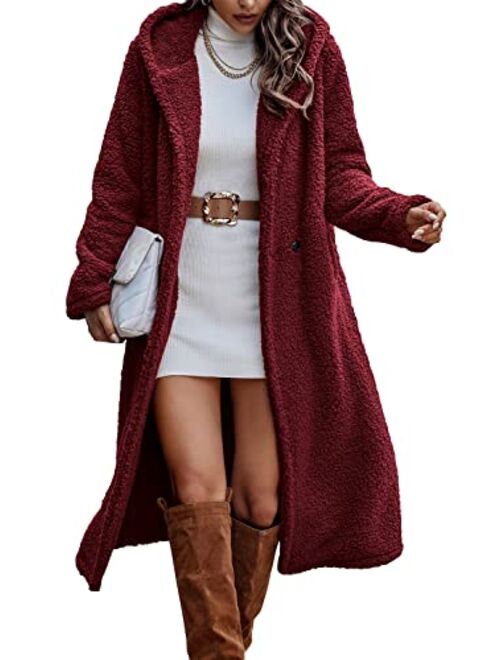 PRETTYGARDEN Women's 2022 Winter Coats Fuzzy Fleece Long Hooded Jackets Button Down Faux Fur Warm Outwear with Pockets