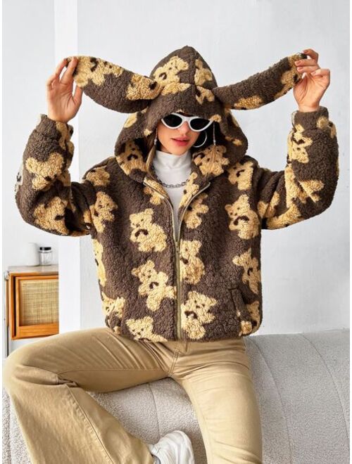 SHEIN EZwear Bear Pattern Drop Shoulder 3D Ear Design Hooded Teddy Jacket