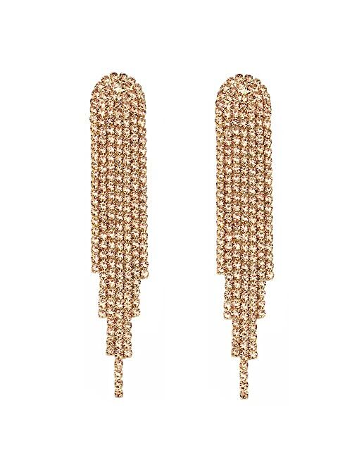 Mlouye Rhinestone Earrings Dangling for Women Girls Long Chandelier Earrings Tassel Fringe Crystals Dangle Earring