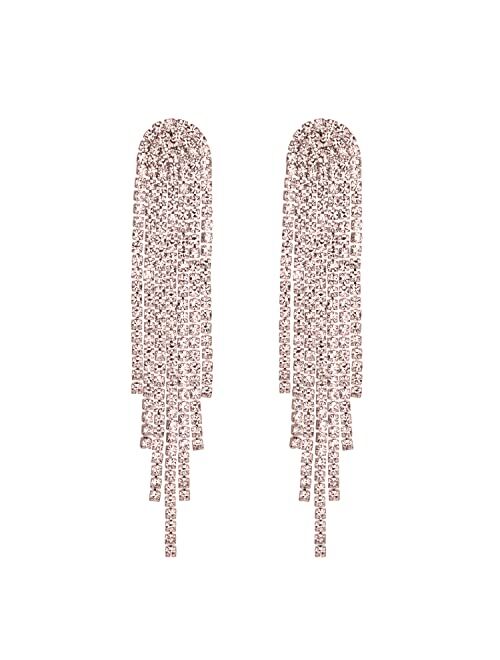 Mlouye Rhinestone Earrings Dangling for Women Girls Long Chandelier Earrings Tassel Fringe Crystals Dangle Earring