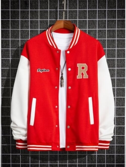 Guys Letter Patched Striped Trim Drop Shoulder Varsity Jacket