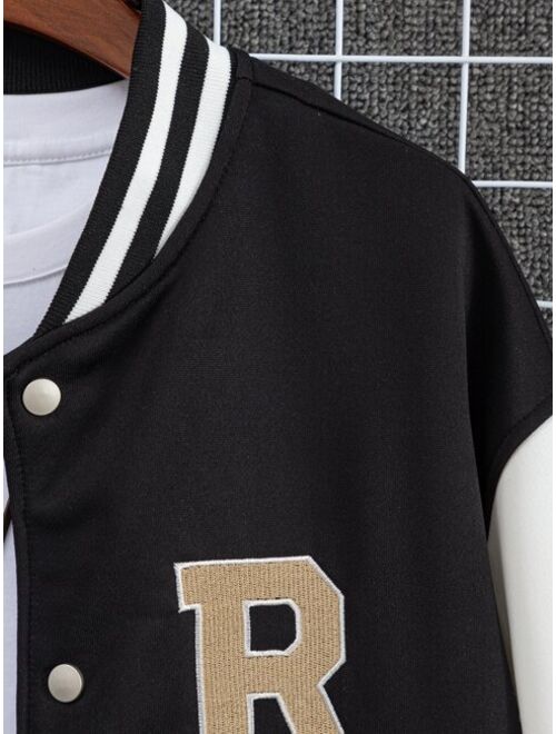 ROMWE Guys Letter Patched Striped Trim Drop Shoulder Varsity Jacket