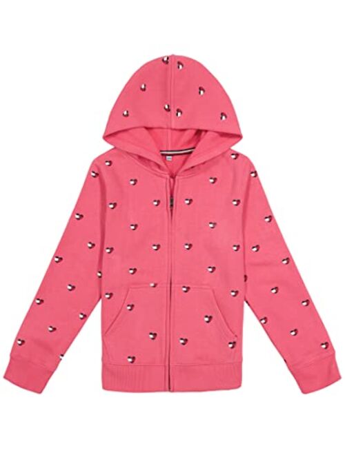 Tommy Hilfiger Girls' Logo Sweatshirt, Fleece Hoodie with Full-Zip Front & Pockets