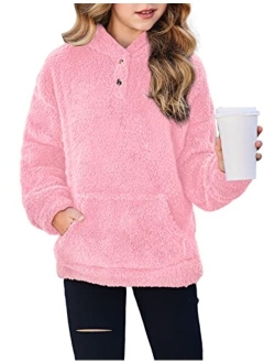 Girls Warm Hoodie Sherpa Fleece Pullover Button Up Casual Outerwear Coat With Pockets