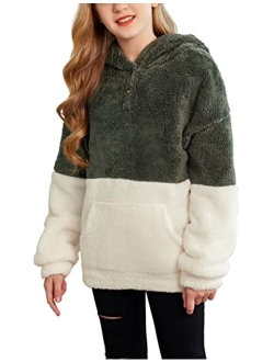 Girls Warm Hoodie Sherpa Fleece Pullover Button Up Casual Outerwear Coat With Pockets