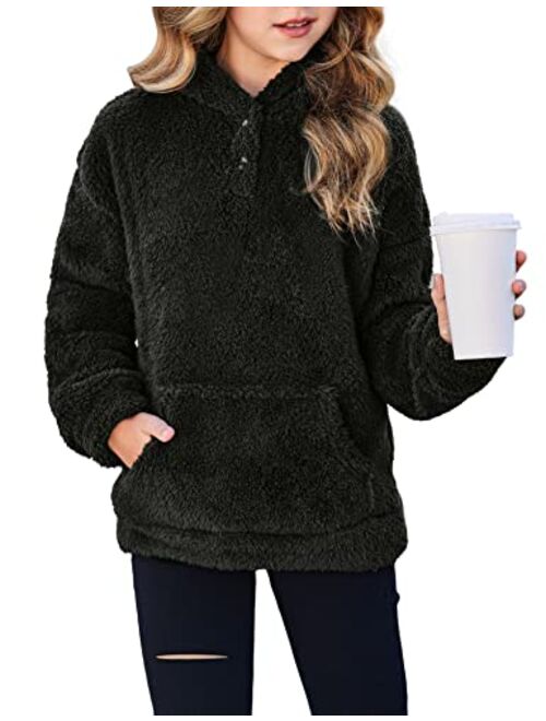 Arshiner Girls Warm Hoodie Sherpa Fleece Pullover Button Up Casual Outerwear Coat With Pockets