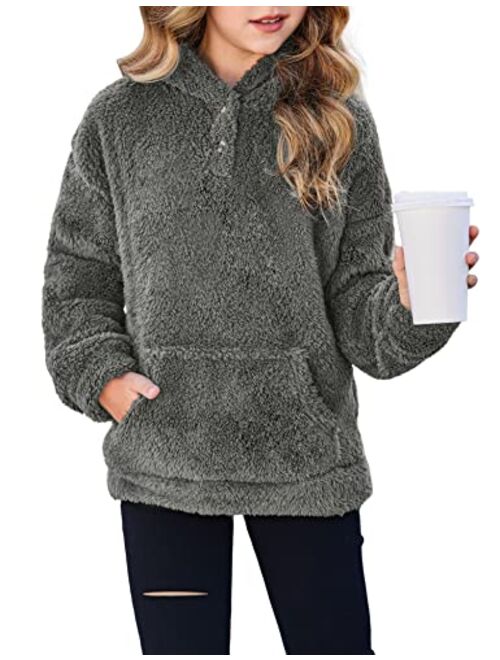 Arshiner Girls Warm Hoodie Sherpa Fleece Pullover Button Up Casual Outerwear Coat With Pockets